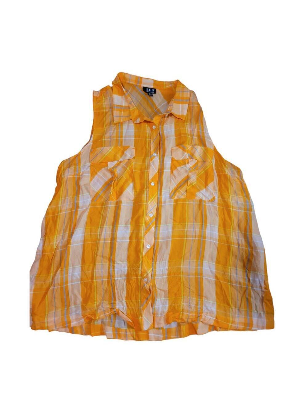 NWT A New Approach Fluorescent Orange Plaid Sleeveless Button Up Blouse Size XL